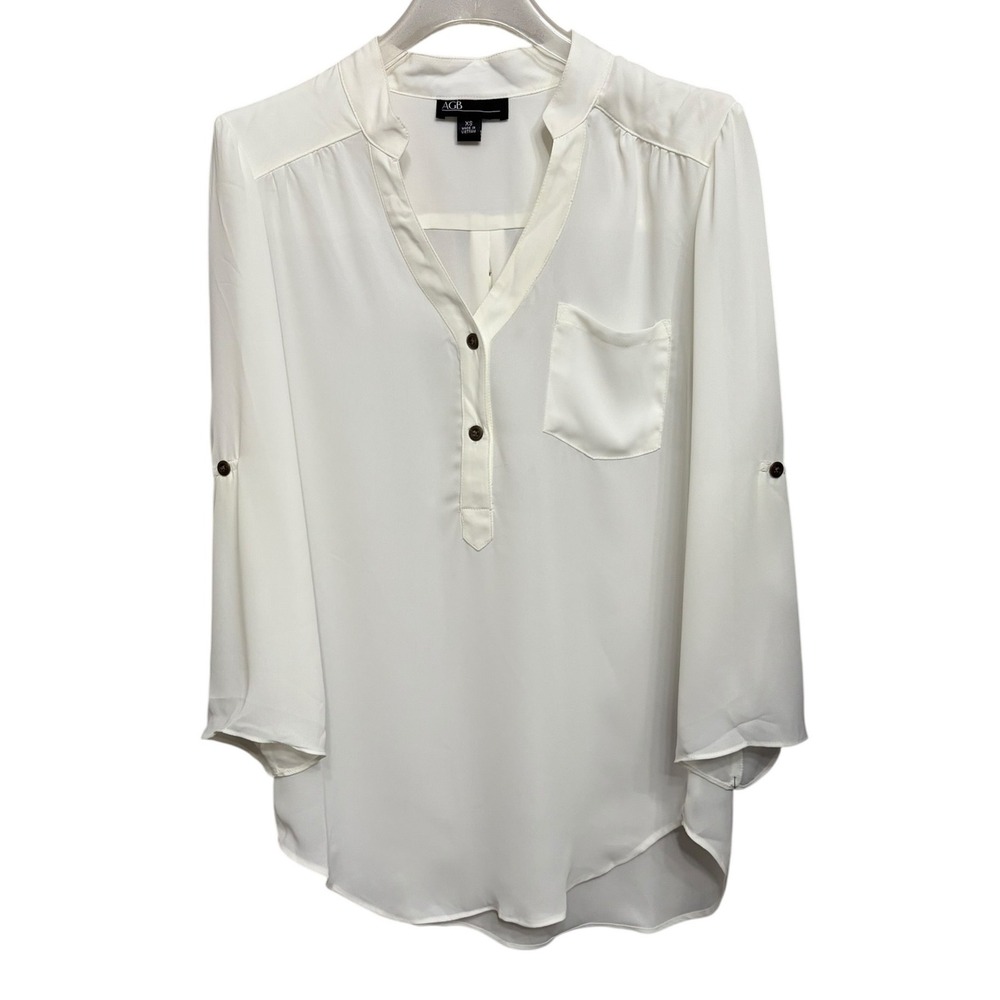 NWT AGB Womens Cream Roll Tab Sleeve V-Neck‎ Blouse Top Size XSmallu